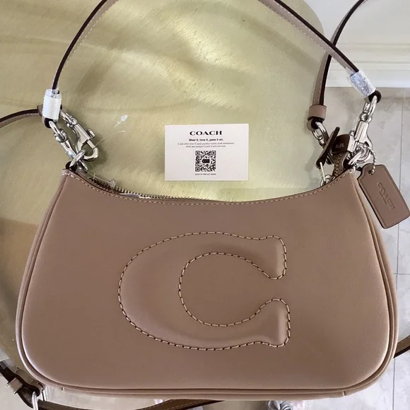 Coach Teri Silver/Taupe/Beige Smooth Leather Shoulder Crossbody Bag CR099 NWOT - Picture 4 of 16